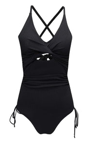 Black Ribbed Sexy Cutout One Piece Swimsuit