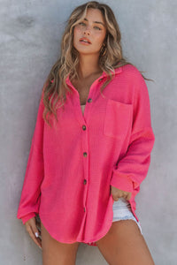 Hot Pink Pocket Buttons Front Waffle Knit Shacket