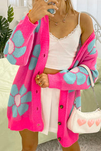 Pink Floral Pattern Drop Shoulder Button Up Cardigan