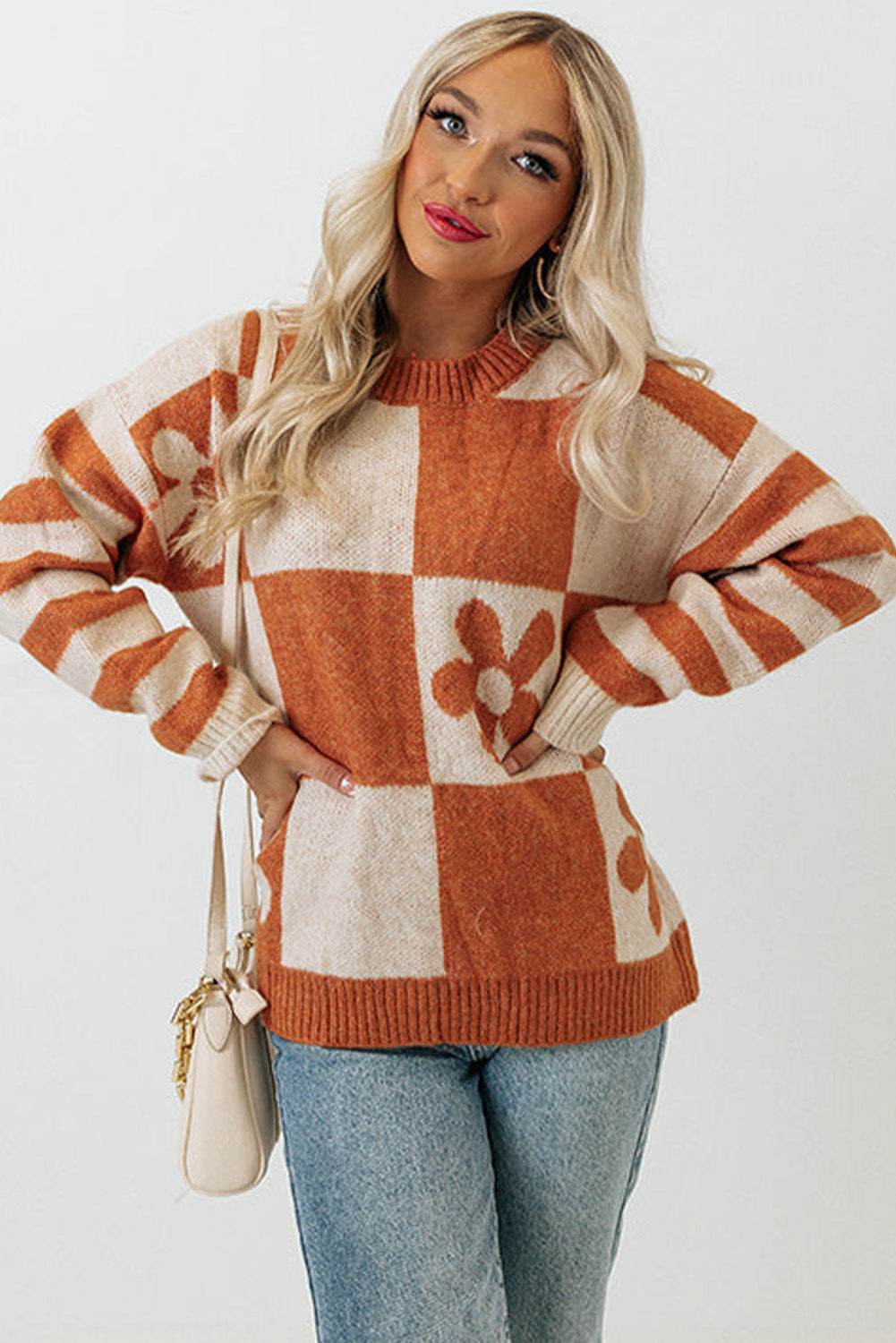 Pink Checkered and Striped Knitted Pullover Sweater