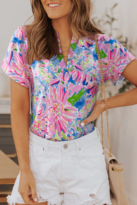 Pink Abstract Floral Print Split V Neck Short Sleeve Blouse