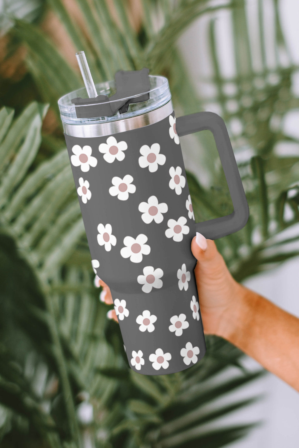 Parchment Floret Print Stainless Tumbler With Lid And Straw