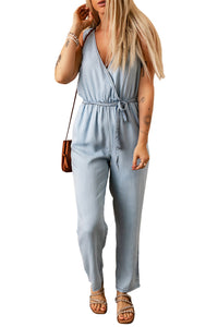 Light Blue Casual Pocketed Sleeveless Belted Waist Jumpsuit