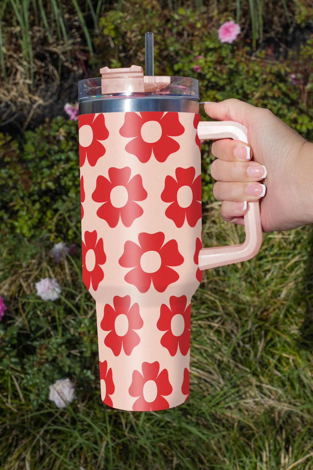 Red Floral Print 304 Stainless Handled Tumbler Cup with Straw