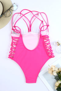 Rosy Criss Cross Backless Deep V Neck One Piece Swimsuit