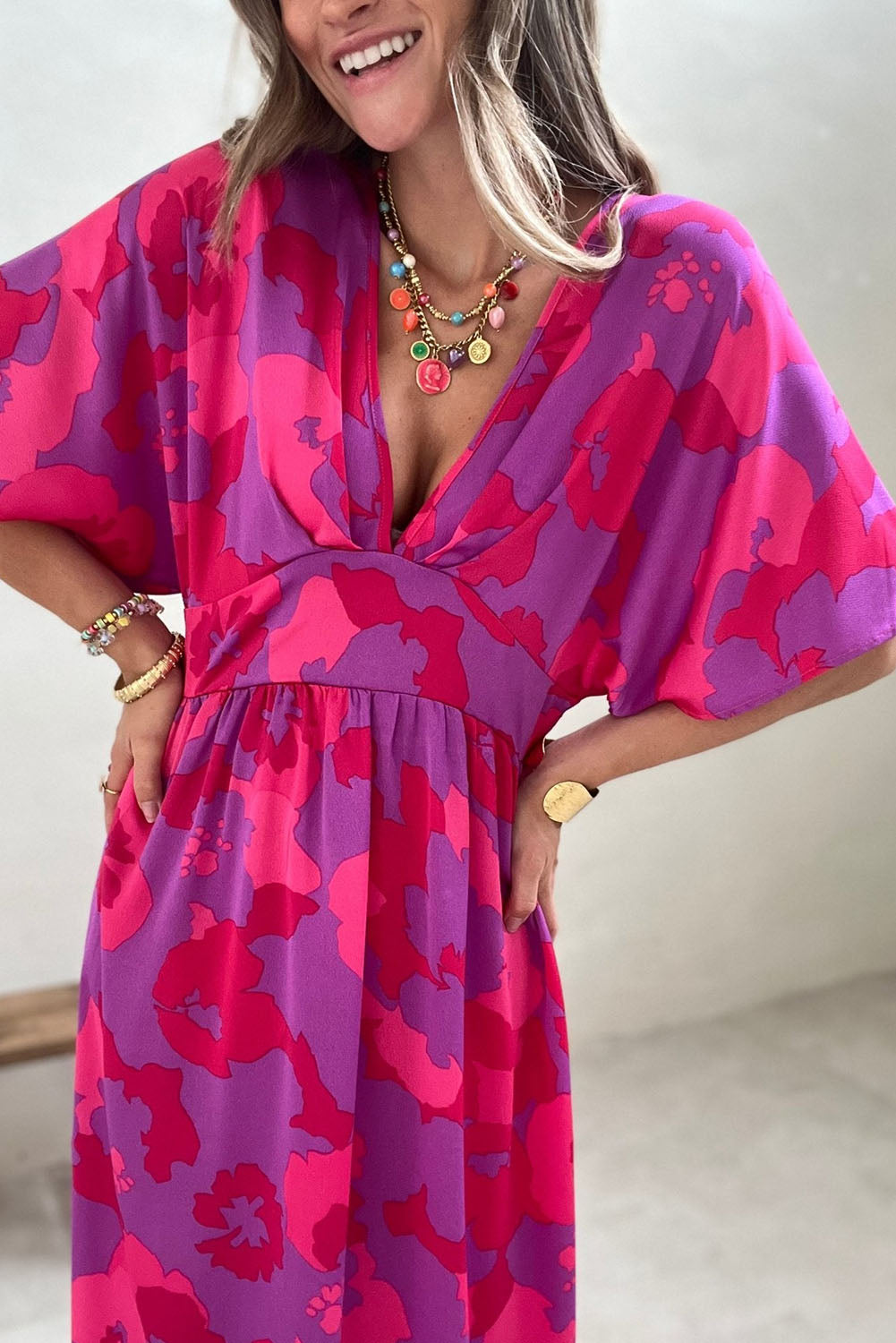 Rose Abstract Floral Print V Neck Dolman Split Maxi Dress