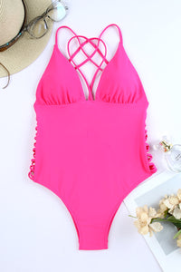 Rosy Criss Cross Backless Deep V Neck One Piece Swimsuit