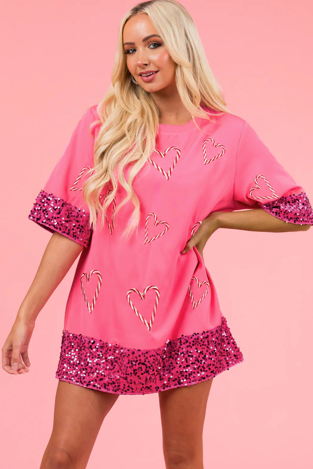 Bonbon Valentine's Day Heart Shape Printed Sequin Edge T Shirt Dress