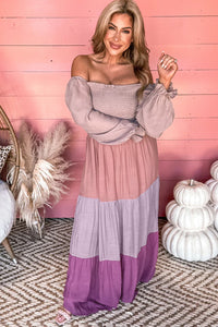 Multicolor Smocked Off Shoulder Tiered Maxi Dress