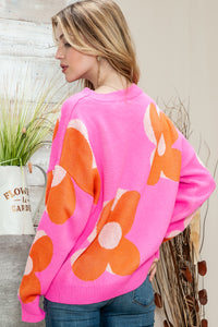 Pink & Orange Floral Cable Knitted Sweater