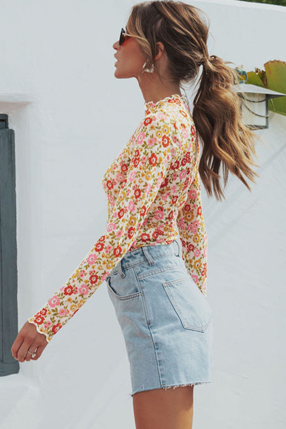 Multicolor Floral Frill Neck Boho Long Sleeve Blouse