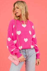 Bright Pink Fuzzy Valentine Hearts Drop Shoulder Sweater