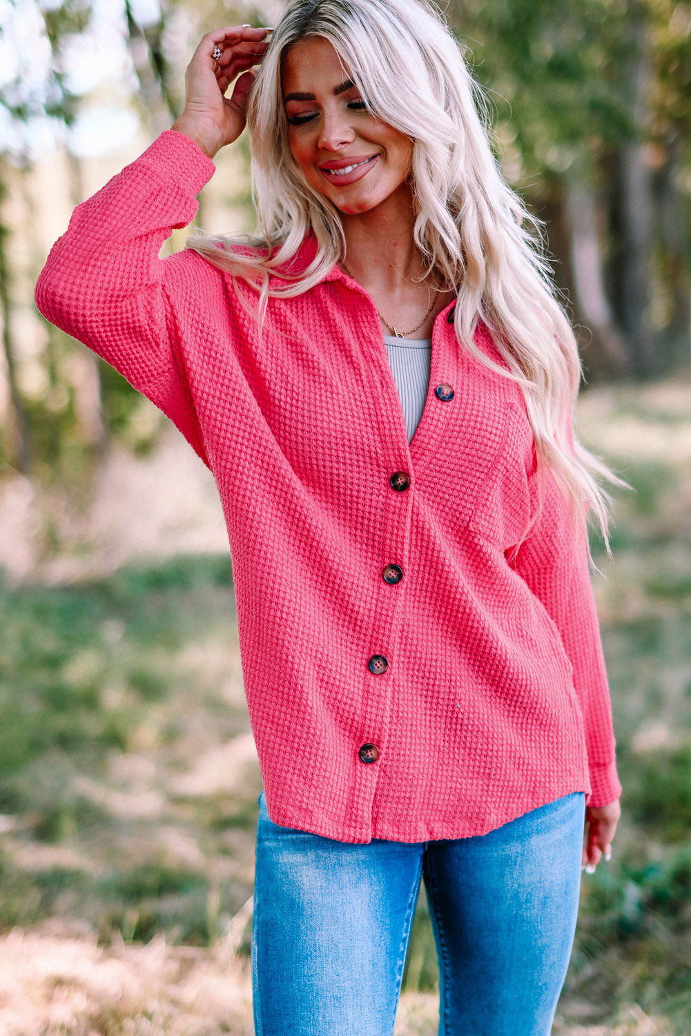 Hot Pink Pocket Buttons Front Waffle Knit Shacket