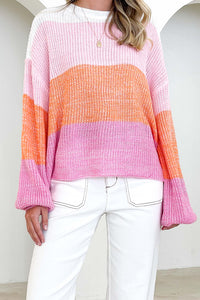 Pink Colorblock Drop Shoulder Pullover Loose Sweater