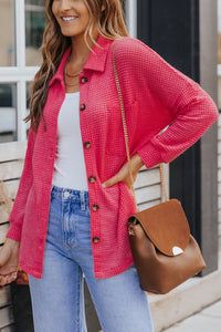 Hot Pink Pocket Buttons Front Waffle Knit Shacket