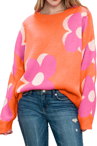 Pink & Orange Floral Cable Knitted Sweater