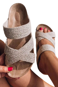 Beige Woven Criss Cross Strap Platform Slip-on Sandals