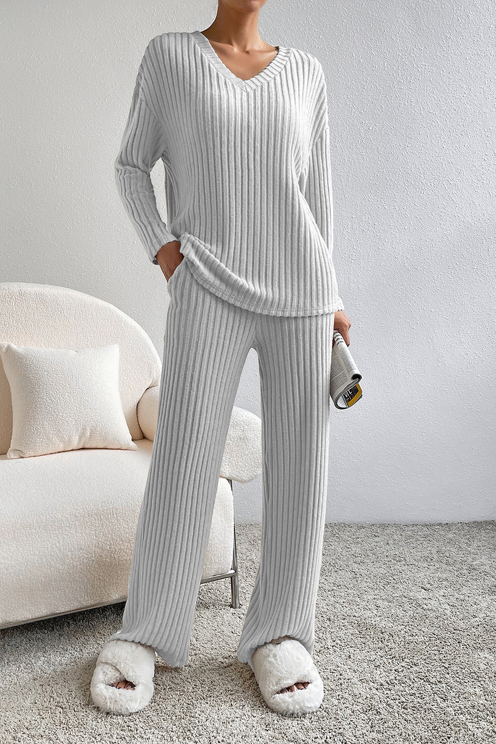 Khaki Slouchy Ribbed Knit V Neck Top & Pants Loungewear Set