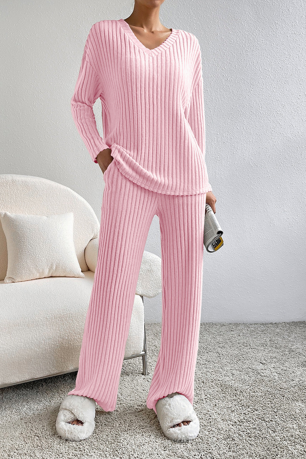 Light Pink Slouchy Ribbed Knit V Neck Top & Pants Loungewear Set