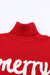 Red Turtle Neck Batwing Sleeve Merry Christmas Sweater