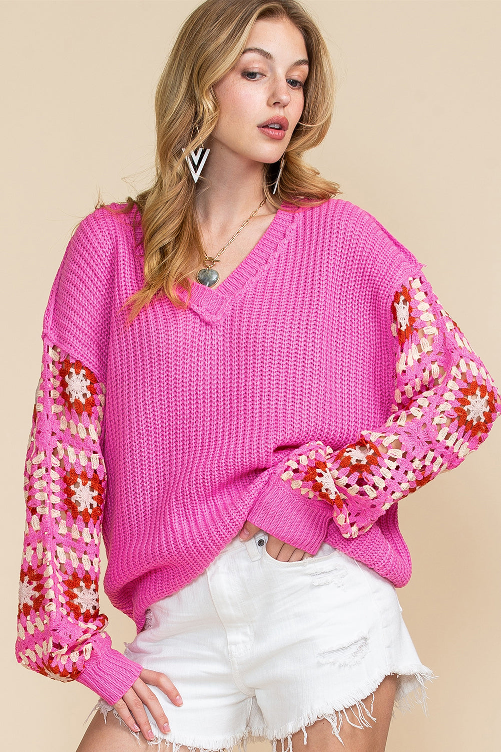 Rose Crochet Long Sleeve Knitted Pullover V Neck Sweater