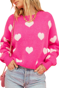 Bright Pink Fuzzy Valentine Hearts Drop Shoulder Sweater