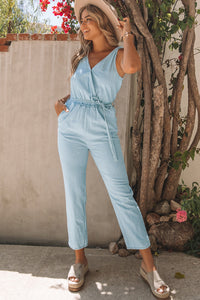 Light Blue Casual Pocketed Sleeveless Belted Waist Jumpsuit