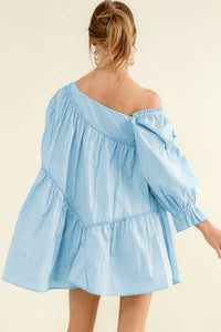 Sky Blue Puff Sleeve Asymmetric Pleated Flowy Mini Dress