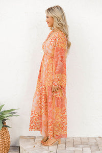 Orange Boho Floral Wrap V Neck Tie Long Sleeve Dress