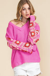 Rose Crochet Long Sleeve Knitted Pullover V Neck Sweater