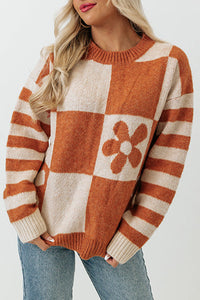 Pink Checkered and Striped Knitted Pullover Sweater