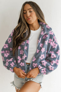 Multicolor Flower Print Zip Up Sherpa Jacket