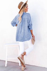 Sky Blue Loose Crinkle Button V Neck Henley Top