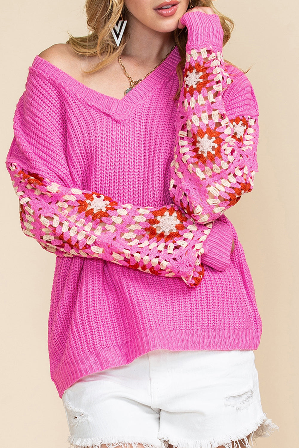 Rose Crochet Long Sleeve Knitted Pullover V Neck Sweater