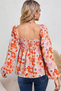 Orange Floral Square Neck Puff Sleeve Babydoll Blouse