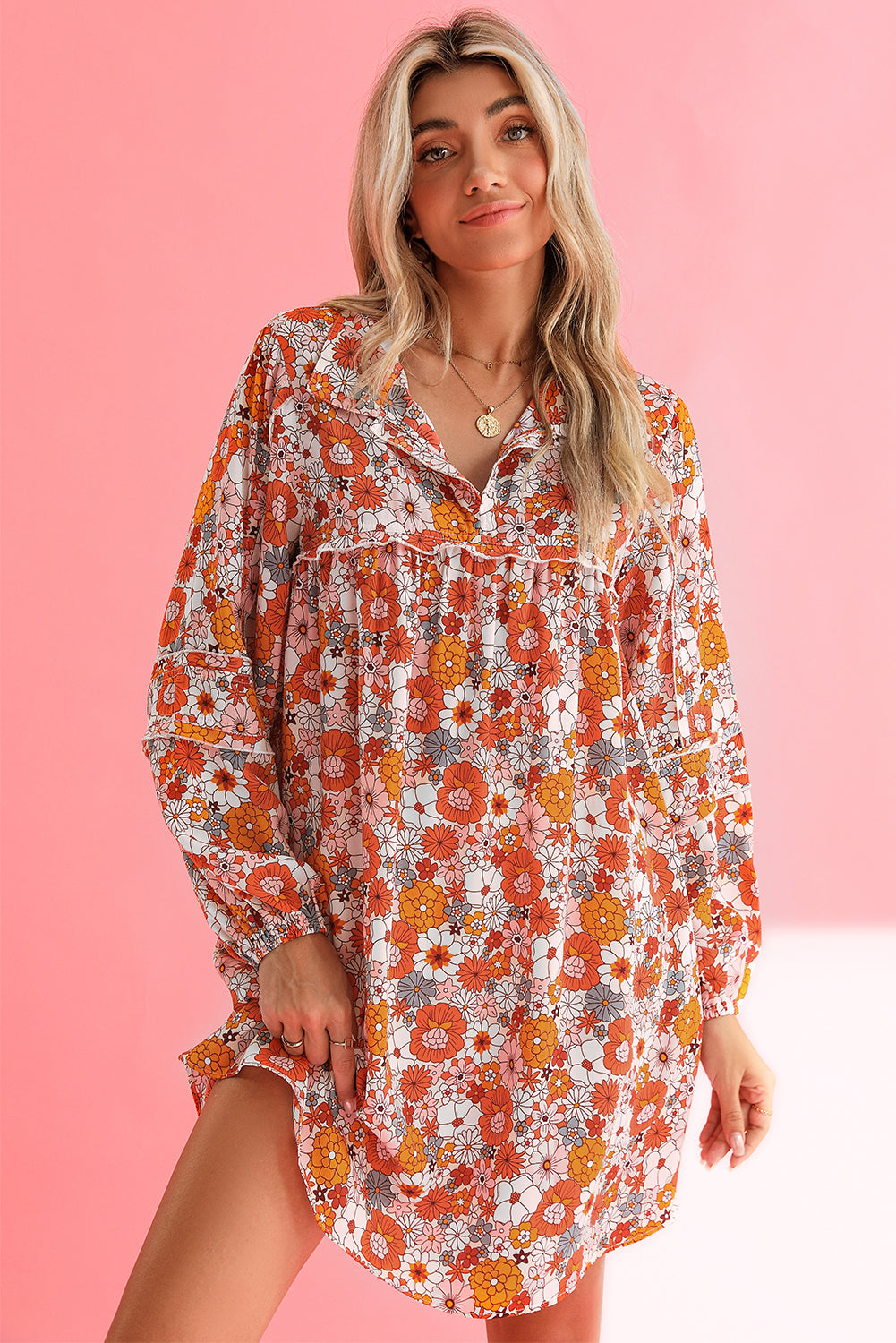 Orange Boho Floral Print V Neck Pocketed Mini Dress