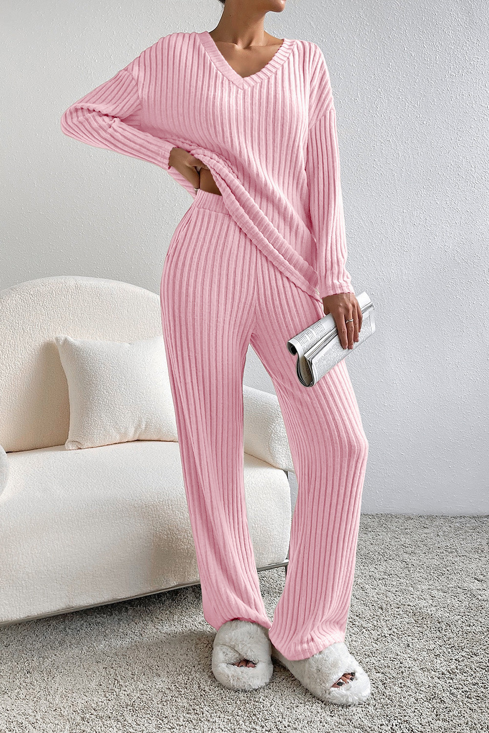 Light Pink Slouchy Ribbed Knit V Neck Top Pants Loungewear Set