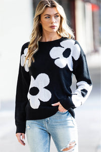 Black Flower Pattern Ribbed Trim Knit Round Neck Sweater