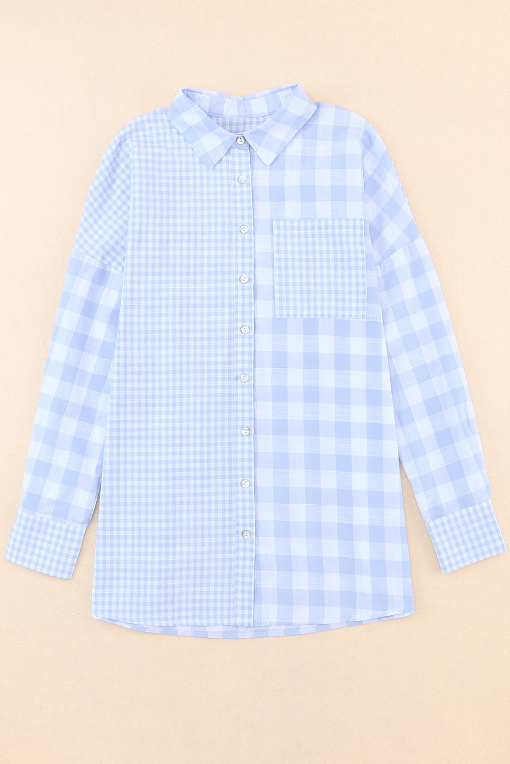 Pink Mix Checked Pocket Patchwork Long Sleeve Shacket