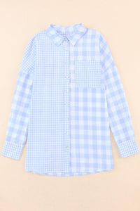 Pink Mix Checked Pocket Patchwork Long Sleeve Shacket