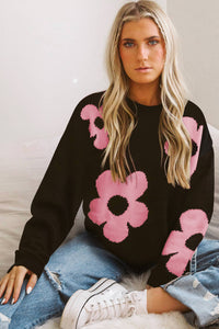 Black Flower Pattern Ribbed Trim Knit Round Neck Sweater