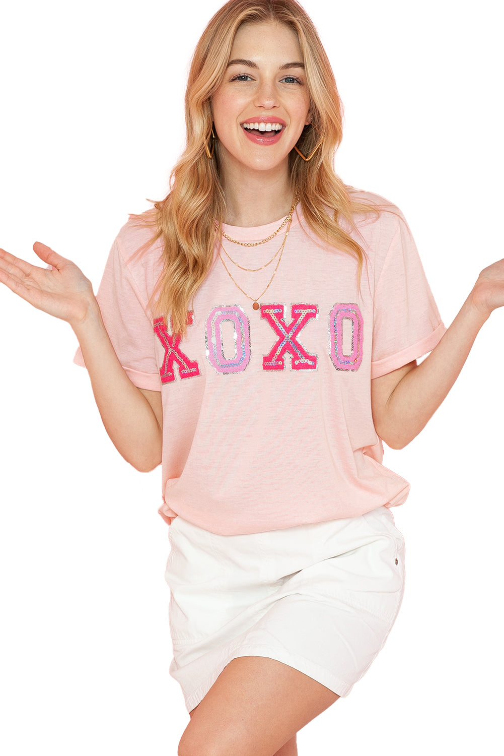 Pink XOXO Letter Printed Roll Up Sleeve Graphic Tee