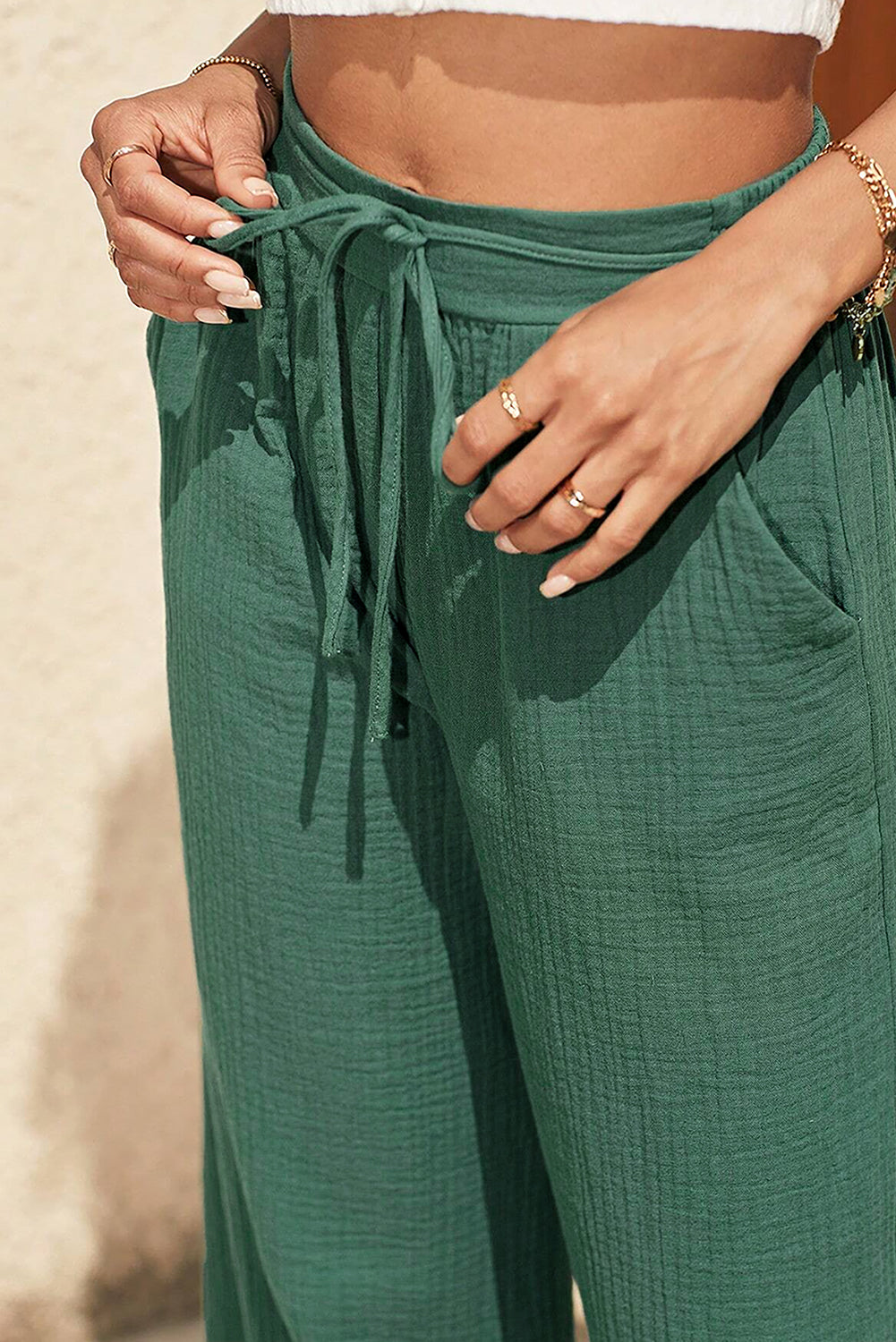 Mist Green Crinkled Tied Waist Wide Leg Pants