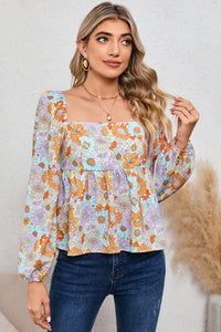 Orange Floral Square Neck Puff Sleeve Babydoll Blouse