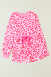 Pink Leopard Long Sleeve Top & Satin Tie Shorts Two Piece Shorts Set