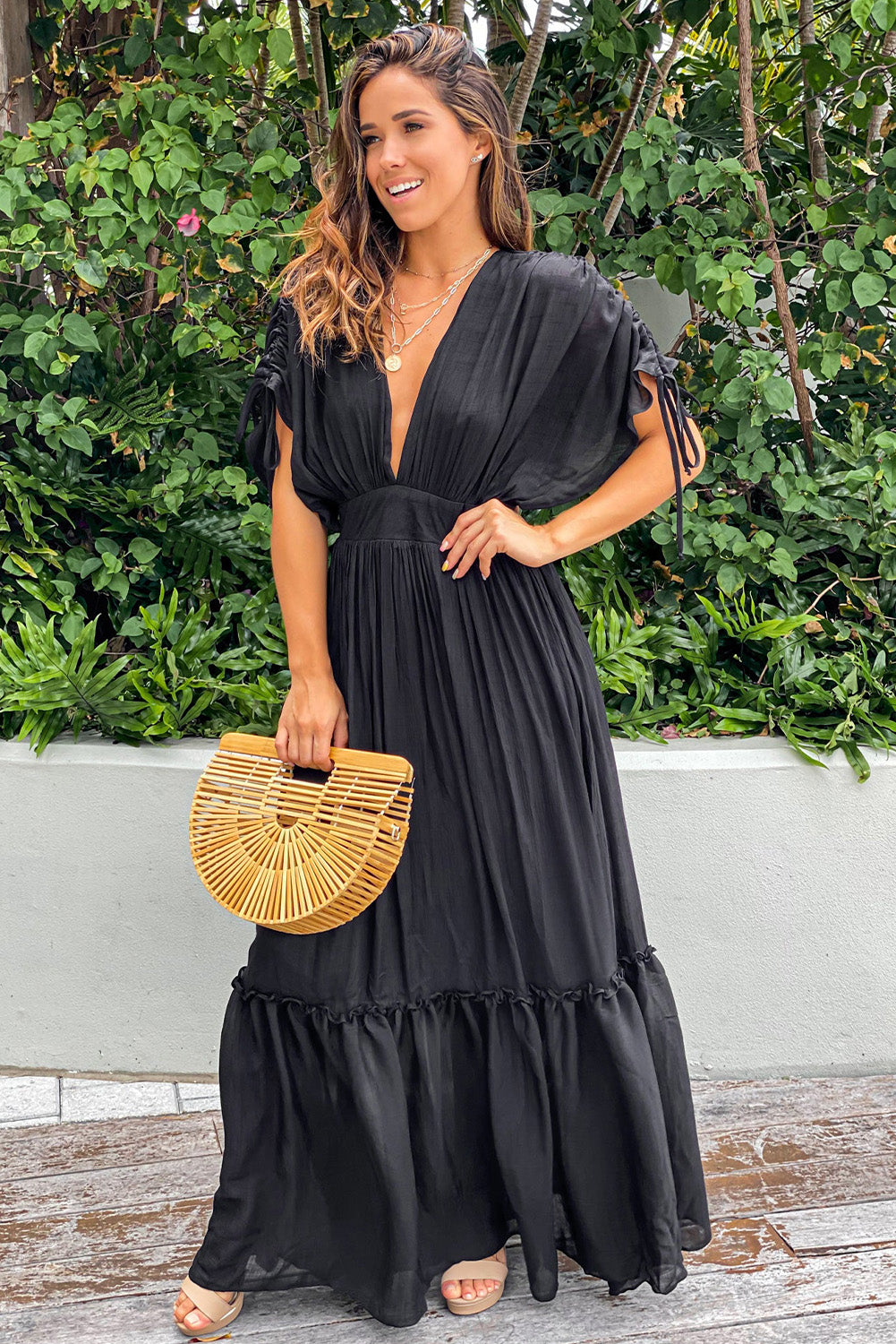 Black Drawstring Pleated Kimono Sleeve Ruffle Maxi Dress