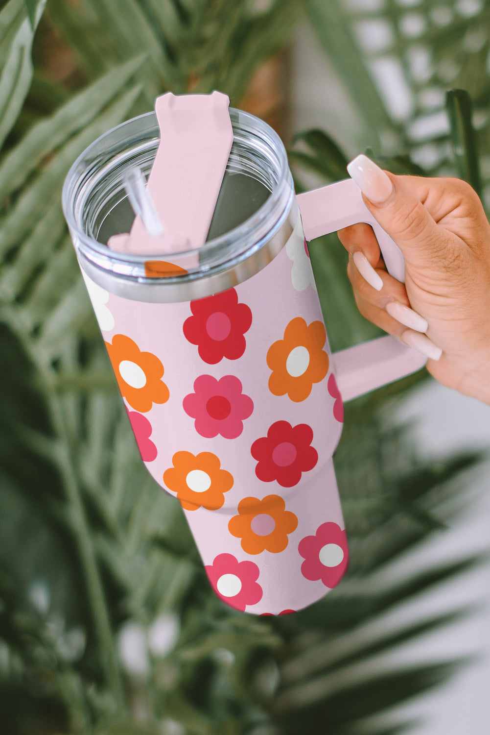 Multicolor Flower Print Handled Stainless Steel Tumbler