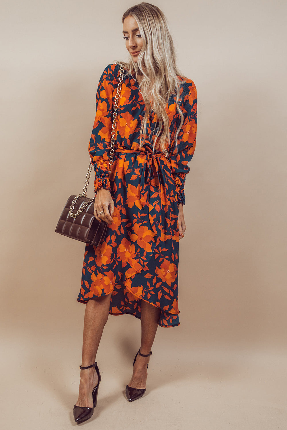 Orange Floral Print Wrap V Neck Belted Midi Dress