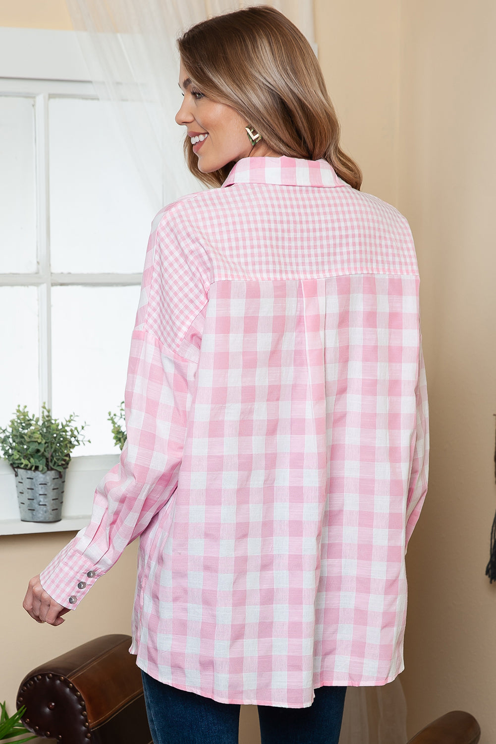 Pink Mix Checked Pocket Patchwork Long Sleeve Shacket