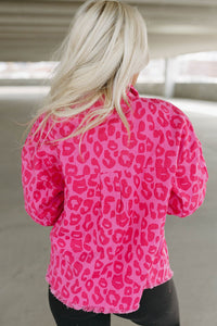 Pink Leopard Print Button Cuffs Raw Hem Jacket